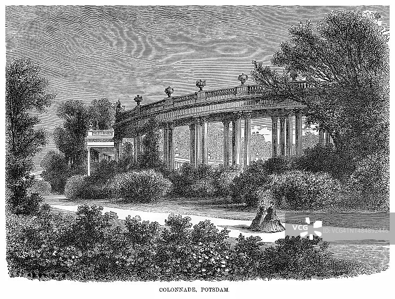 德国波茨坦无忧宫新宫的柱廊古老雕刻插图图片素材