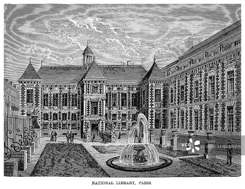 法国巴黎国家图书馆旧版雕刻插画图片素材