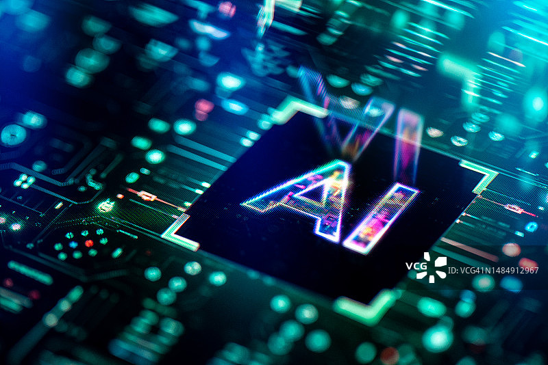 人工智能处理器单元概念：PCB主板上具有数据传输功能的强大量子AI组件图片素材
