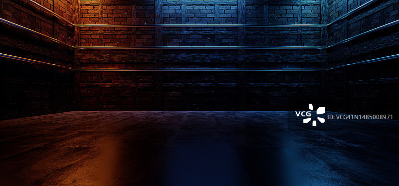 赛博朋克霓虹灯科幻未来主义蓝橙色聚光灯照亮粗糙砖墙水泥地面俱乐部舞台3D渲染图片素材