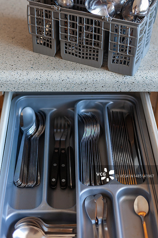 洗碗机篮子里干净的餐具图片素材