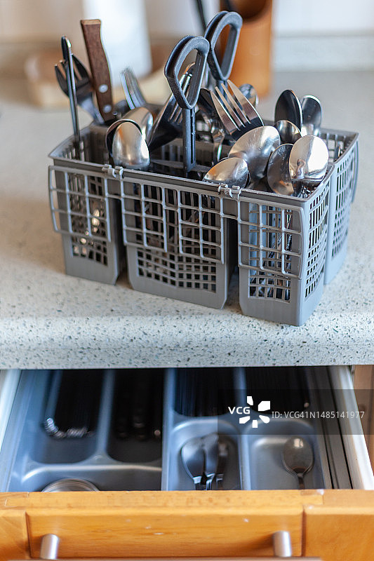洗碗机篮子里干净的餐具图片素材