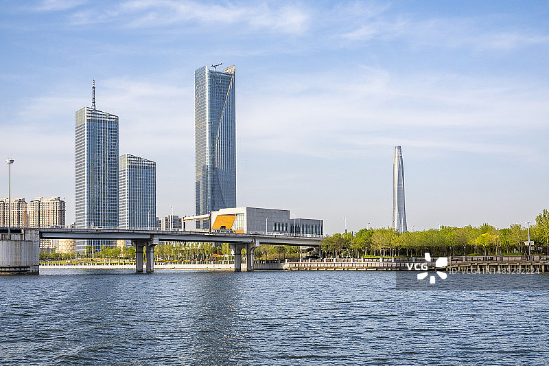 中国天津滨海金融中心海河日落图片素材