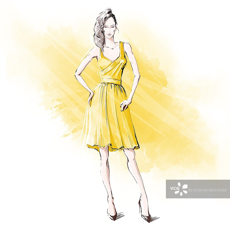 黄色夏装女孩，时尚插画图片素材