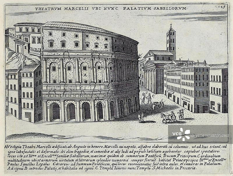 马塞勒斯剧院，现在是萨贝罗里宫，马塞勒斯剧院由尤利乌斯·凯撒于公元前 44 年开始建造，他想建造一个比最近被击败的庞培更大的剧院，历史悠久的意大利罗马，数字复制图片素材