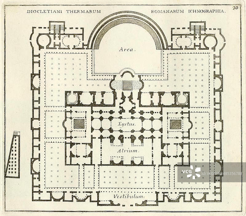 戴克里先浴场的几何平面图，切尔托尼修道院所在地，意大利罗马历史，17世纪原始模板的数字复制品，原始日期未知图片素材