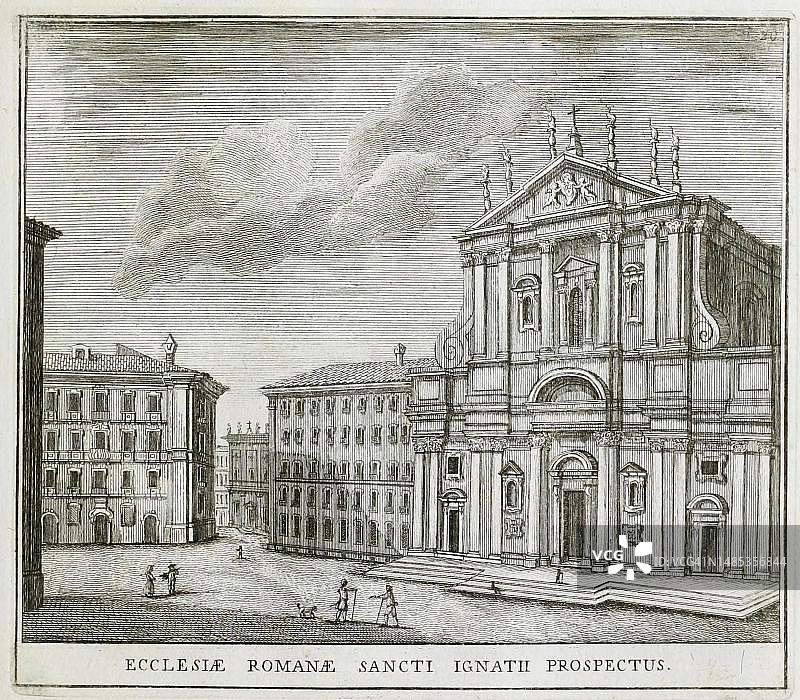 罗马学院后方的圣依纳爵教堂，意大利罗马历史建筑，17世纪画作数字复制品，原始日期未知图片素材