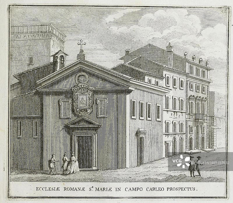 意大利罗马卡尔莱奥圣玛丽亚教堂，位于马格纳纳波利山脚下，17世纪画作数字复制品，原始日期未知图片素材