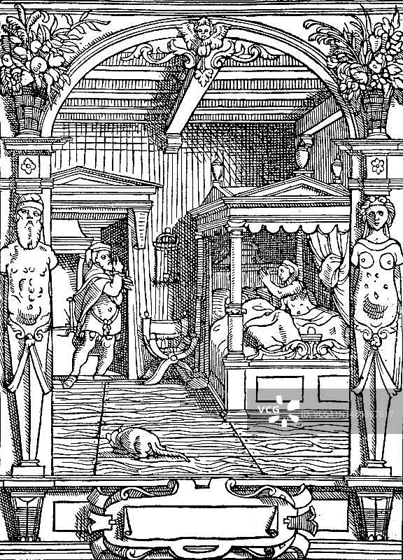 16世纪法国法律书籍中的通奸插图：女子在床上等待情人，法国，历史资料，19世纪原件的数字修复复制品，确切的原始日期未知图片素材