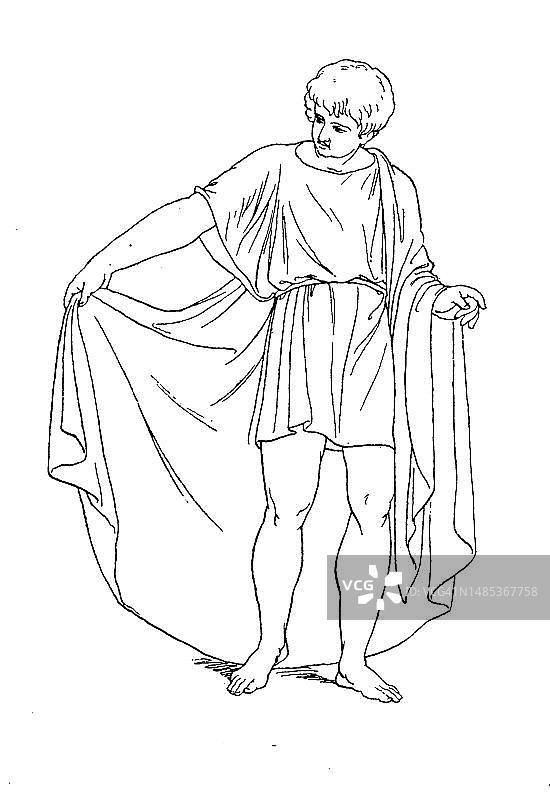 希腊男子传统服饰：短款束腰外衣与希腊披肩，19世纪原始图案数字再现图片素材