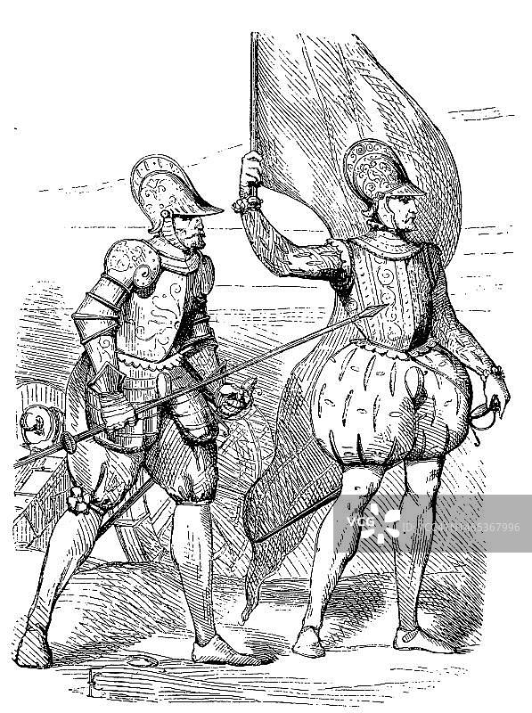 绒布宽松短裤与持矛士兵及旗手，法国，1563年，服饰历史，数字修复图片素材