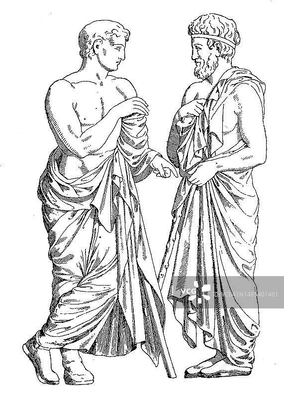 希腊男子传统服饰，帕特农神庙壁画，19世纪历史影像图片素材
