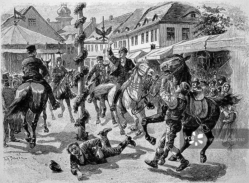 德国东哈弗兰乡村丰收节上的雄鸡，1889年，历史资料数字化修复再版，确切原始日期未知图片素材