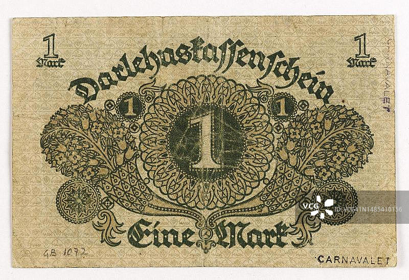 应急货币，通货膨胀，1马克纸币，柏林贷款银行，德国，历史，19世纪原始数字修复复制品图片素材