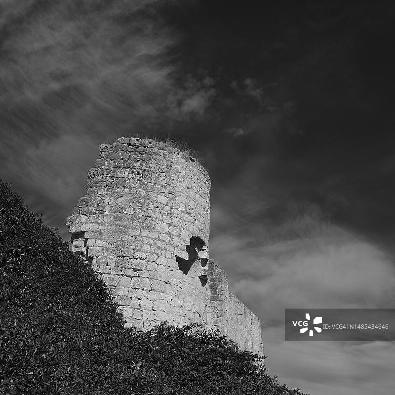 西班牙巴利亚多利德伊斯卡尔城堡的塔楼从森林中升起图片素材