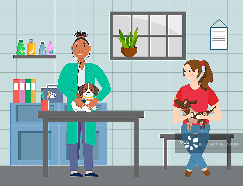 带狗狗在宠物医院看病的女孩图片素材