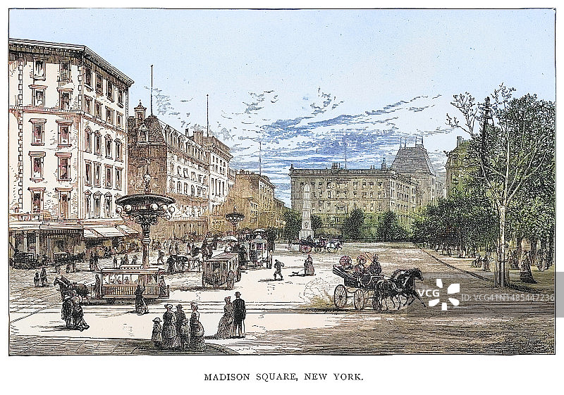 纽约第五大道麦迪逊广场的古老插画图片素材