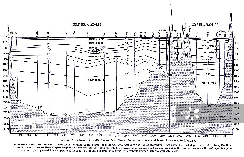 北大西洋剖面图：百慕大至亚速尔群岛、亚速尔群岛至马德拉群岛图片素材