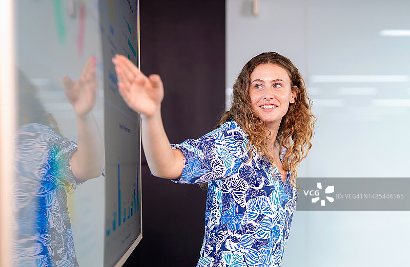 数据分析助力产品提升市场竞争力：鼓舞人心的创新演讲者展示销售额，并与管理团队比较竞争对手数据。自信的女士指着图表图片素材