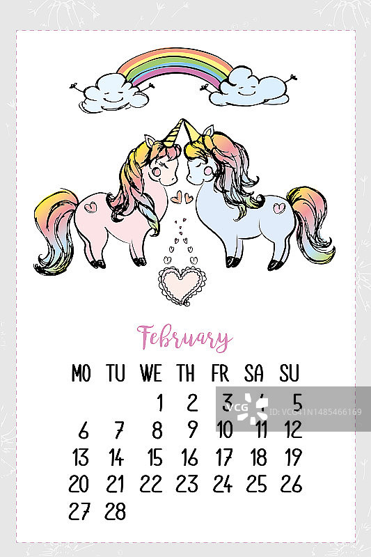 2023年2月日历，以可爱的恋爱独角兽为特色，手绘风格月历，创意魔法马日程，可打印海报。图片素材