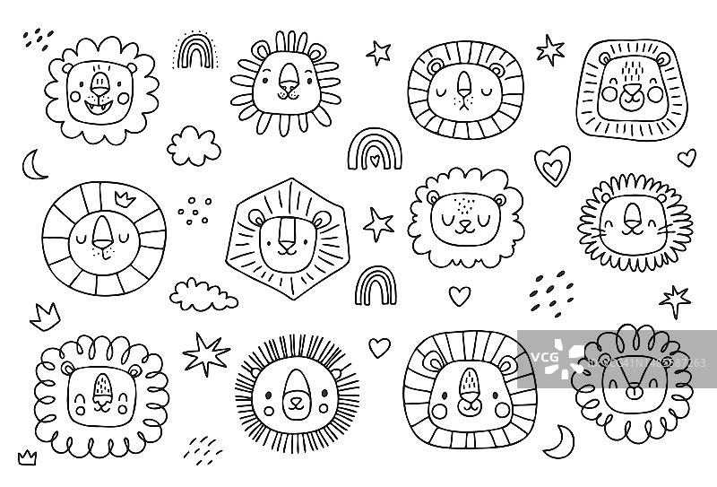 可爱的涂鸦狮子套装。幼稚的插图。丛林头像剪贴画。有趣的动物。矢量插图图片素材