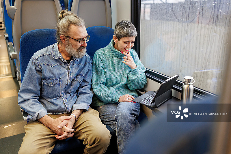 中年夫妇在火车上使用平板电脑图片素材