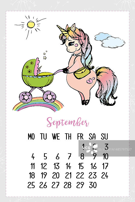 带有可爱独角兽的2023年9月日历。手绘风格的月历。带有魔法马的创意日程表。日历网格，星期一第一天，可打印海报或banner。图片素材
