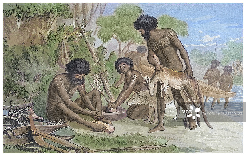 老式彩石版画人种学插图：澳大利亚土著居民准备食物图片素材