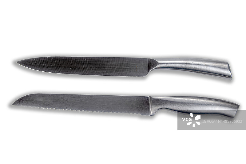 白色背景上的两把不锈钢刀，英国图片素材