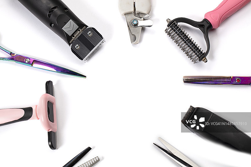 白色背景上的宠物美容工具，宠物剪毛剪刀，俯视图图片素材