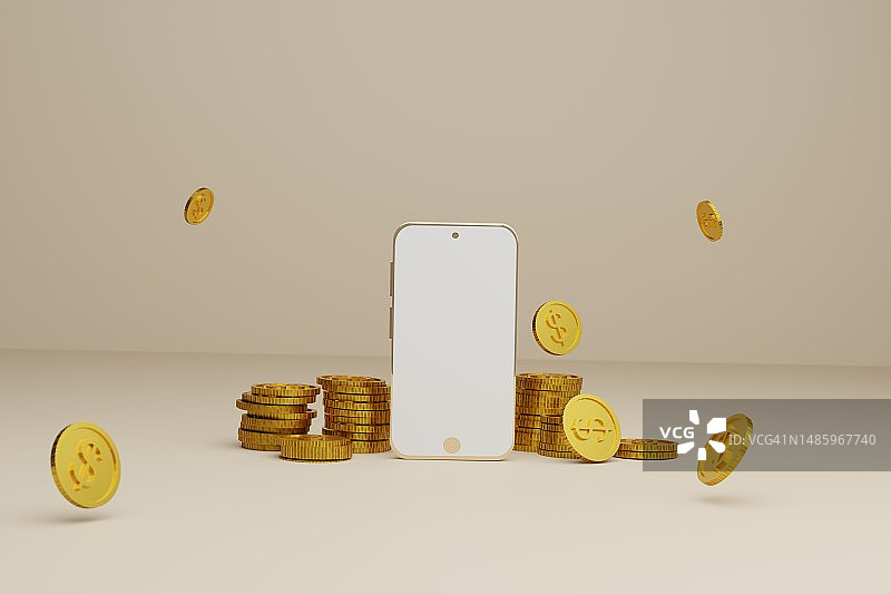 带金币的空白手机样机，3D渲染图片素材
