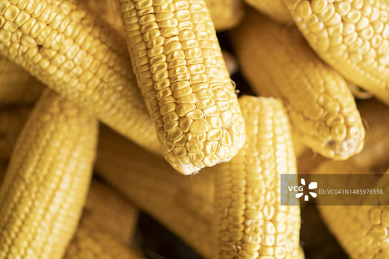 市场摊位上的玉米棒图片素材