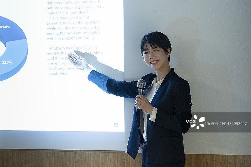 年轻女职员向团队成员做演示图片素材