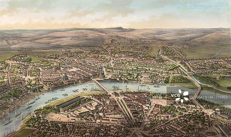 德累斯顿鸟瞰图，约1855年，萨克森，德国，历史照片，18或19世纪原始数字修复图片素材