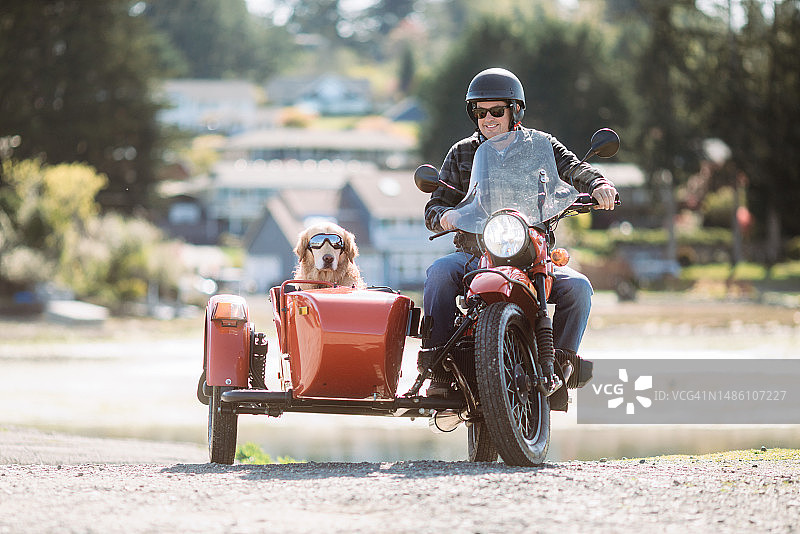 男人和狗乘坐老式边三轮摩托车图片素材