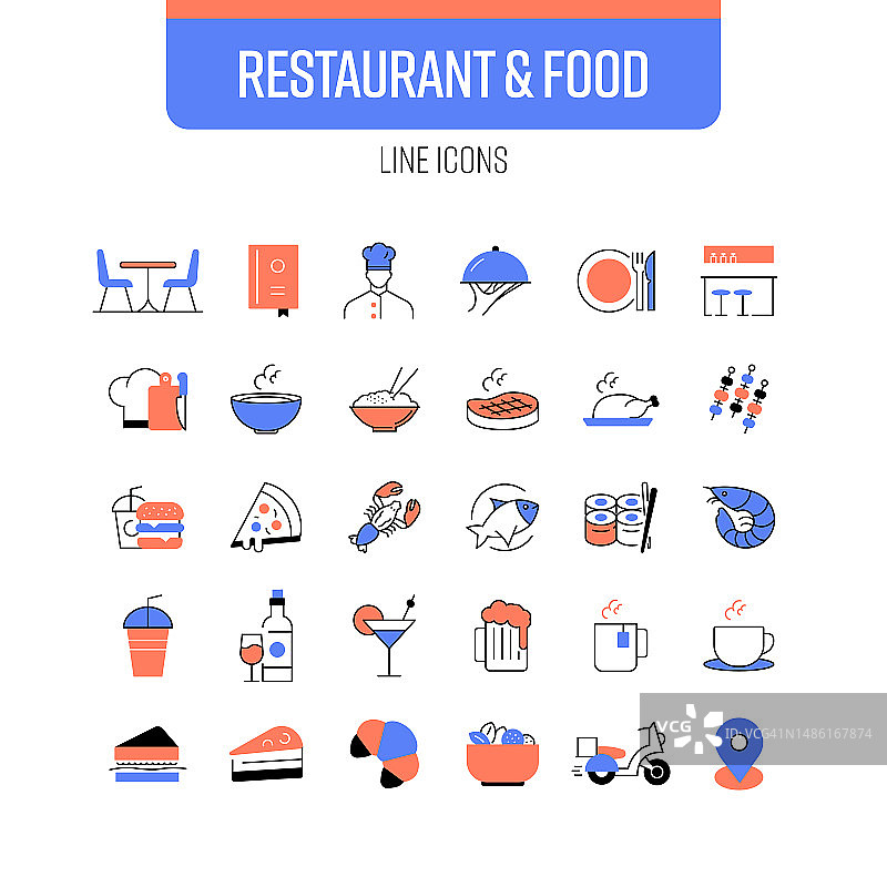 餐饮美食线性图标集：厨师、菜单、服务、酒吧、餐具图片素材