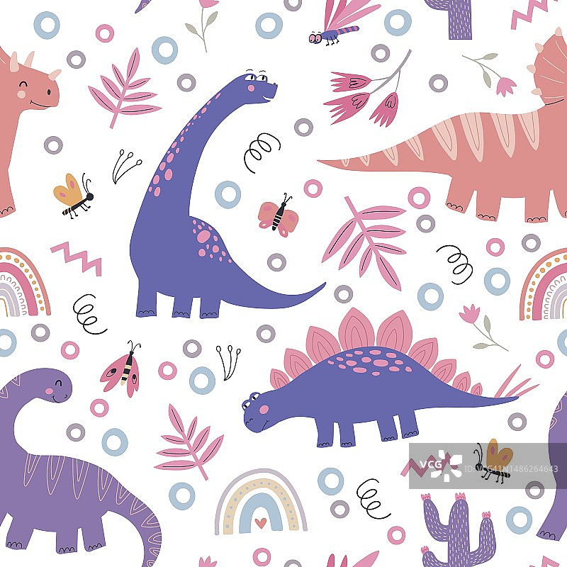 可爱恐龙与热带树叶彩虹儿童无缝图案图片素材