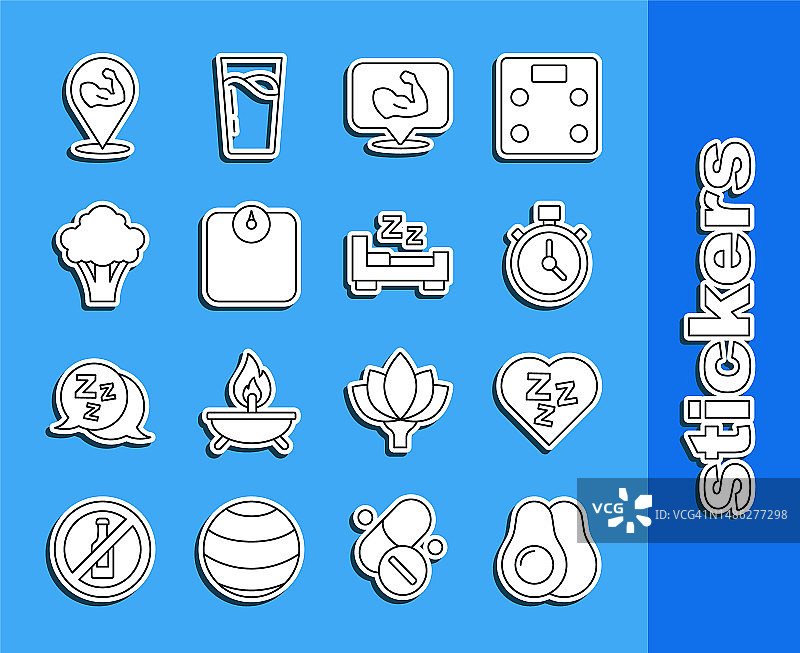 牛油果系列：睡眠、秒表、健美肌肉、体重秤和西兰花图标矢量图片素材