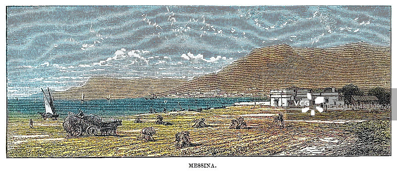 墨西拿古老雕刻插图，意大利墨西拿省的港口城市和首府图片素材