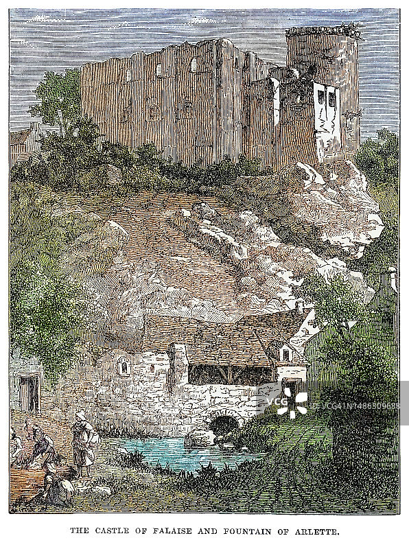 法国诺曼底法莱斯城堡与阿莱特喷泉古老版画图片素材