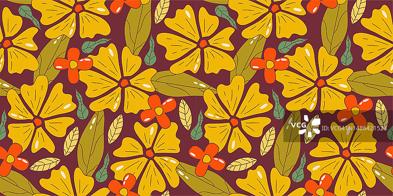 迷幻时髦花卉无缝图案，复古雏菊叶子印花，迷幻卡通夏季背景矢量图图片素材