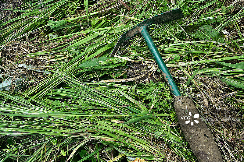 连根拔起的草和锄头图片素材