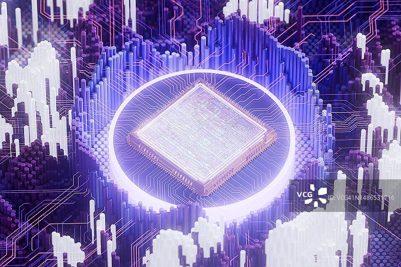 未来主义微芯片和数字数据流图片素材