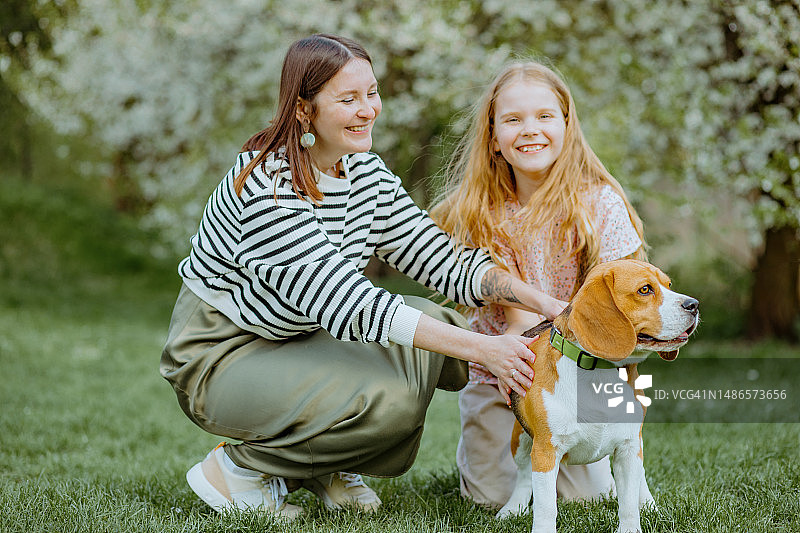 休闲装的两代家庭与小狗在盛开的树木背景下图片素材