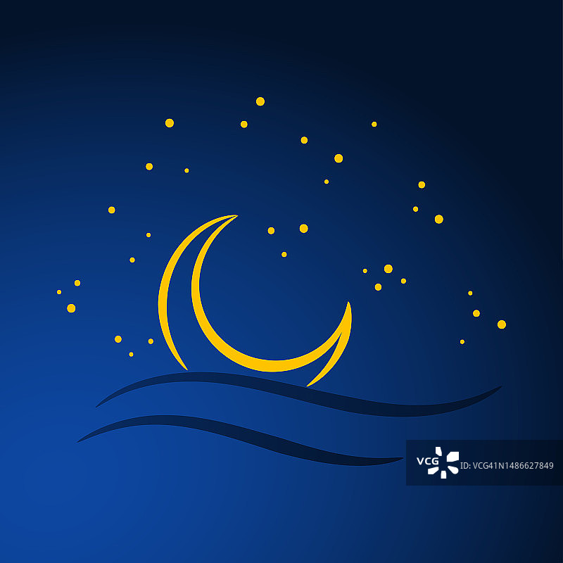 蓝色背景上的月亮、星星和云朵卡通矢量插画图片素材