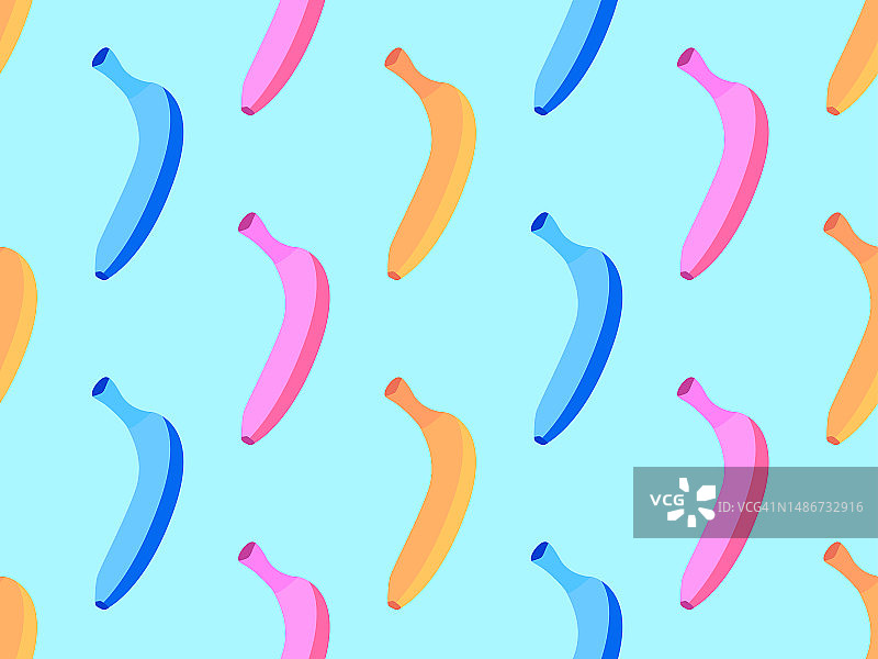 蓝色背景上的彩色香蕉无缝图案。80年代异国情调的甜香蕉。海报、包装纸和壁纸设计。矢量图图片素材
