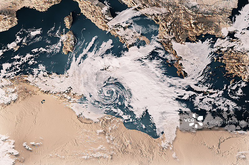 2023年地中海气旋“赫利俄斯”云图3D渲染图片素材