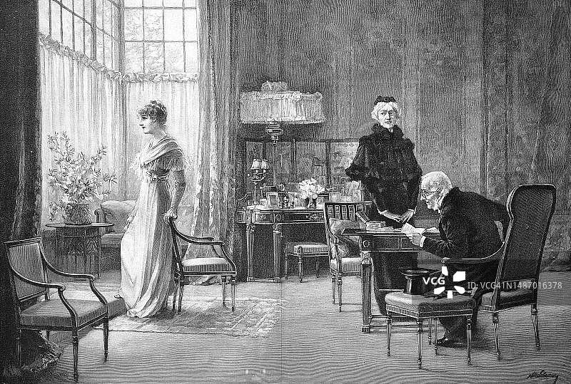 发现情书，父母在桌子上找到了女儿的情书，德国，1880年，对19世纪原始作品的数字化修复复制品图片素材