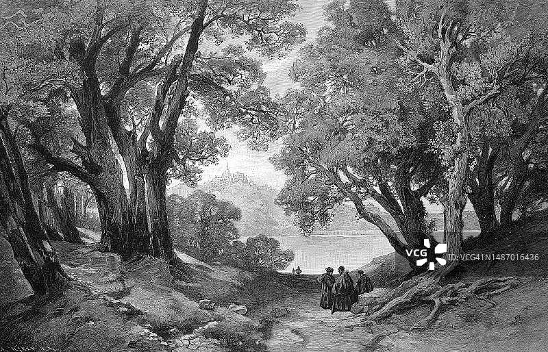 阿尔巴诺湖，可眺望甘道夫堡，意大利罗马，约1890年，19世纪原创画作的数字化修复复制品图片素材