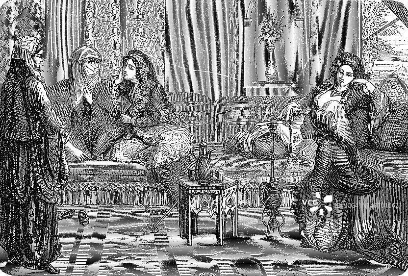 在富有的土耳其人的后宫中，土耳其，1870年，19世纪原版的数字修复复制品，确切的原始日期未知图片素材